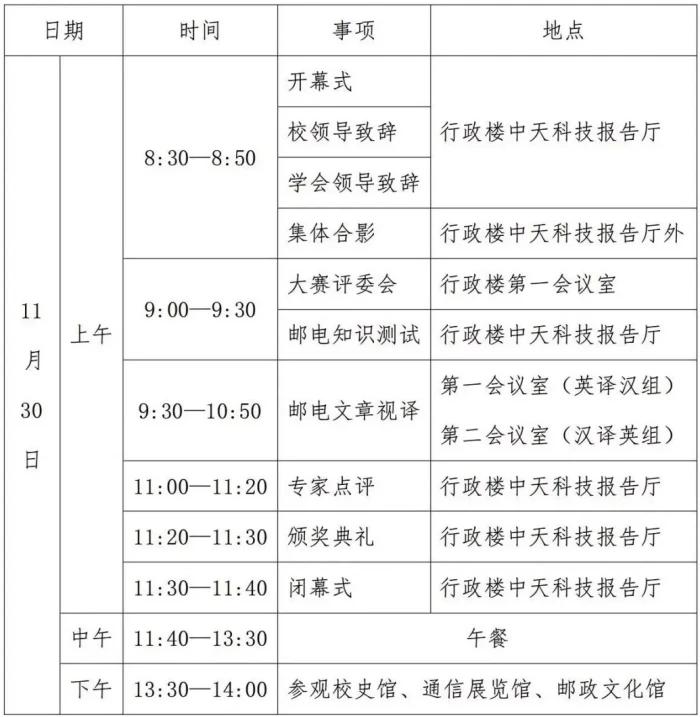 邮电文化多语种翻译大赛复赛日程安排